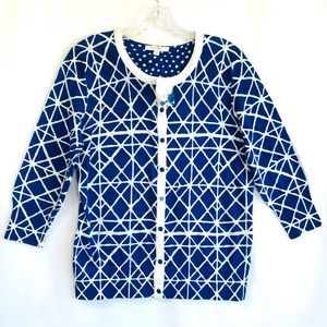 Foxcroft Womens Cardigan Sweater Vivid Blue & White Geometric Design Size M  NWT